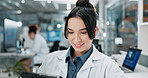 Science, laboratory and woman with tablet for research, medical study and vaccine development. Healthcare, pharmaceutical and scientist on digital tech for medicine, experiment and online results