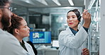 Team, scientist or notes on glass for presentation, science report or medical planning in office. Woman speaker, brainstorming or group training in lab for instruction in medicine development process