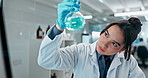 Science, laboratory and woman with liquid in beaker for research, medical study and vaccine development. Healthcare, pharmaceutical and scientist with equipment for medicine, experiment and sample