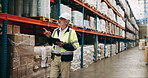 Warehouse, walking and man on tablet for shipping, delivery and inspection in factory. Ecommerce, distribution and worker on digital tech with shelves for inventory, manufacturing and supply chain