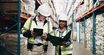 Warehouse, documents and people on tablet for shipping, delivery and inspection in factory. Ecommerce, distribution and worker on digital tech and review for manufacturing, logistics and supply chain