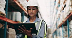 Logistics, warehouse and woman with tablet for stock checklist, export search or inventory management. Connection, distribution and person in factory on digital app for online inspection planning