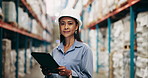 Warehouse, inventory and woman with tablet, face and export with internet, digital app and service. Trade, person and employee with tech, safety and quality assurance with logistics and supply chain