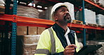 Tablet, inspection and black man in distribution warehouse for shipping, logistics and inventory delivery. Supply chain, inspector and worker on digital tech for cargo, package and storage in factory