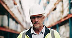 Distribution, mature man and helmet in factory for inspection, stock control or supply chain management. Cargo, supervisor and portrait with smile for maintenance, warehouse storage and export safety