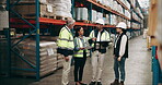 Discussion, teamwork and business people in warehouse with paperwork, planning and group in meeting. Factory, men and women as managers with document, inspection and checklist for stock inventory