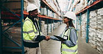 Business people, team and handshake with tablet at warehouse for quality control or logistics. Businessman and woman shaking hands with technology for storage, supply chain or distribution at depot