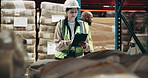 Logistics, woman and scanner with tablet in warehouse with verify shipping information, product pricing and stock take. Distribution industry, worker and inspection in factory for inventory checklist