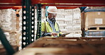 Black man, counting and stock with tablet at warehouse for inspection, logistics or quality control in storage. African contractor checking inventory on shelves or technology in supply chain at depot