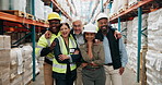 Happy, face and logistics team in warehouse for collaboration on cargo shipping at depot. Smile, supply chain and portrait of distribution employees for freight delivery with diversity in factory.