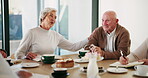 Lunch, talking and old man in group, nostalgia and cake for tea party, drink and dining room in house. Storytelling, chat and elderly people in retirement, coffee and conversation with friends