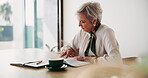 Elderly woman, reading and coffee for bible study, faith and learning knowledge of Christian scripture. Senior person, book and notes for holy spirit, worship and teaching of gospel of Jesus Christ