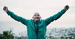 Stretching, exercise and elderly man in nature for outdoor workout, mobility and joint health. Retirement, training and senior person with flexibility for strength, fitness and range of motion