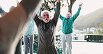 Fitness, personal trainer and stretching with senior yoga class outdoor in city for exercise or wellness. Assisted living, mobility or pilates and elderly people with coach for balance or breathing