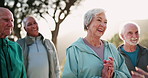 Group, applause and old people with exercise in park, wellness and retirement with goals. Senior friends, outdoor and pensioners clapping, fitness and training with achievement and community activity