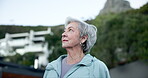 Old woman, fitness and thinking in outdoor on wellness, exercise break and outside for mental health. Senior person, retirement workout and relax on neighborhood run, cardio and reflection for peace