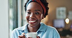 Coffee, window and happy black woman in home with drink, caffeine beverage and cappuccino. Morning, breakfast and person with mug for aroma, peace and wellness on break from remote work in apartment