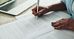 Pen, contract and hands of woman with signature in office for deal, legal documents or title deed. Paperwork, agreement and businesswoman with registration, sign up or application for insurance loan