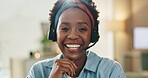 Remote work, happy and black woman with headset for portrait, contact and career opportunity. Virtual assistant, face and smile in home for telecommunication, online profession and sales in Jamaica