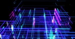 Data grid, network and hologram with cyberspace, future tech and connection for telecommunication. Empty, holographic or lines with information, digital or research with innovation on dark background