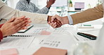 Business people, handshake and applause for partnership meeting, b2b success and support. Employees, clapping and thank you in office with promotion opportunity, crm negotiation and congratulations