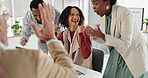 Office, applause and excited business people on laptop for teamwork, company bonus and celebration. Corporate, computer and men and women clapping hands for success, victory and good news on email