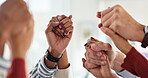 Business people, teamwork and holding hands with support in office for solidarity, trust and connection. Company, employees and gesture of unity in air for partnership, collaboration and motivation