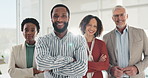 Business people, happy and teamwork in office with arms crossed for leadership, corporate confidence and pride. Professional portrait, laughing and management with smile at workplace for partnership