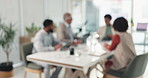 Boardroom, office and blur of business people in meeting for planning, teamwork and project review. Corporate, collaboration and men and women with tech for feedback, company report and talking