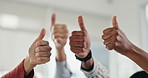 Business people, closeup hands and thumbs up for success, yes sign and agreement in office. Employee group, zoom and like emoji with collaboration for positive feedback, achievement and thank you