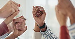 Business people, closeup and holding hands in office for teamwork, prayer together and support. Employees, spiritual group and touch zoom for team building with faith, staff diversity and connection