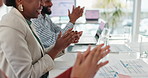 Business people, hands and applause in meeting for celebration, team achievement and success in office. Employees, group and closeup clapping with positive feedback for promotion, victory and winning