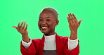 Decision, green screen and pointing at you with woman in studio for choice, motivation or vote. Come, winner and yes with portrait of African person on mockup for opportunity, selection or success