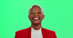 Business woman, green screen and laughing for career, corporate and confidence as product merchandizer. Black female person, happiness and pride as retail employee with comedy, joke or meme in studio