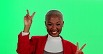 Business woman, green screen and playful for career, corporate and confidence as product merchandizer. Black female person, peace sign and pride as retail employee with comedy, joke or meme in studio
