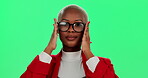 African woman, optometry and green screen with glasses for specialist, consultation or medical professional. Female person, spectacles and eyewear in studio for ophthalmology with size, frame or lens