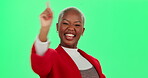 Face, black woman and pointing for excited on green screen for winner, news announcement or recruitment decision. Happy, female person and hand sign of choice, selection and promotion for opportunity