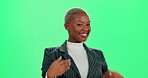 Face, pointing and black woman for choice on green screen for welcome, news announcement or recruitment decision. Happy, female person and hand sign of hiring, selection and promotion for opportunity