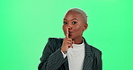 Secret, quiet and face of woman by green screen for gossip, privacy or confidential information. Whisper, portrait and African female person with finger on mouth for noise cancellation by chroma key.