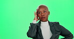 Confused, deadline and stress with business woman on green screen in studio for problem solving. Anxiety, doubt and thinking and portrait of African employee on mockup for corporate brainstorming