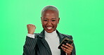 Black woman, face and phone on green screen for success in studio, employee win and energy. Female person, portrait and lottery prize to celebrate, salary increase and online for achievement news