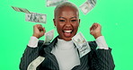 Black woman, face and green screen for money rain in studio, employee success and energy. Female person, portrait and cash for profit or celebration, financial freedom and lottery prize or reward