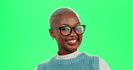 Black woman, face and glasses on green screen for optometry, vision support and cool frames. Female person, portrait and eye care for optical awareness, cosmetics and spectacles for ophthalmology