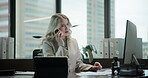 Career woman, phone call and tablet with computer in business, research and work for office or company. Female person, tech and communication in project management, administration or progress report