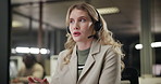 Call center, woman and customer service consultant in office for crm complaint escalation. Talking, headset and technical support agent with computer for online inbound consultation for resolution.