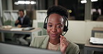 Black woman, call center and talk at night in office, computer and technical support or helpdesk. Male person, late shift and operator for customer service, speaking and online chat or telemarketing