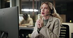 Talking, online and woman in call center office for customer service, consulting and business crm. Advisor or agent, inbound telemarketing and headphone for listening, communication and faq support.