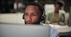 Online, reading and man in call center office for customer service, consulting and business crm. Male advisor or agent, inbound telemarketing and headphone for listening, communication and support.