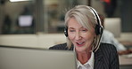 Employee, mature woman and consultant at call center as customer agent on smile for insurance cover or life policy. Female person, office and computer for telemarketing, client advice and support