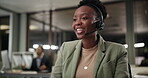 Talking, smile and black woman in call center office for customer service, consulting and business crm. Advisor or agent, inbound telemarketing and headphone for listening, communication and support.